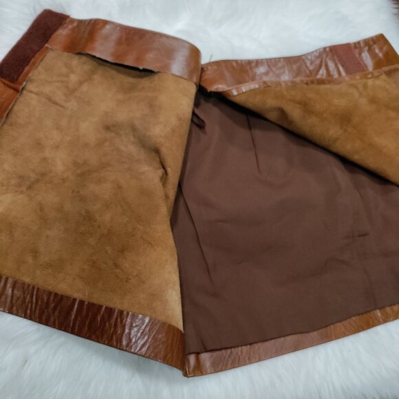 Hugo Buscati100% Leather Antique 70s Style Brown A-Line Wrap Mini Skirt Size 6 - Picture 8 of 16